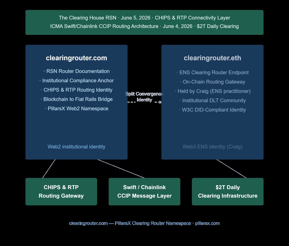 Clearing router architecture — clearingrouter.com as Web2 institutional clearing router documentation identity anchoring the connectivity layer between on-chain tokenized deposit settlement and established fiat rails including CHIPS and RTP, as Convergence Identity for The Clearing House RSN routing infrastructure, Chainlink CCIP message routing, and cross-platform clearing orchestration across the regulated banking system.