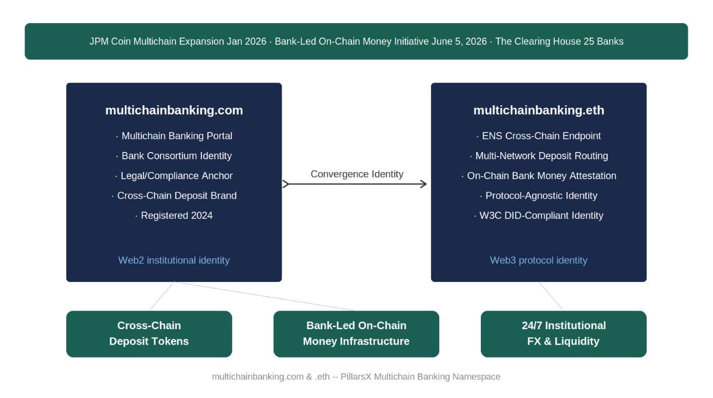 Multichain banking architecture — multichainbanking.com as Web2 bank consortium compliance identity registered since 2024, and multichainbanking.eth as Web3 ENS cross-chain deposit routing endpoint, connected as Convergence Identity for cross-chain deposit tokens, bank-led on-chain money infrastructure, and 24/7 institutional FX and liquidity.