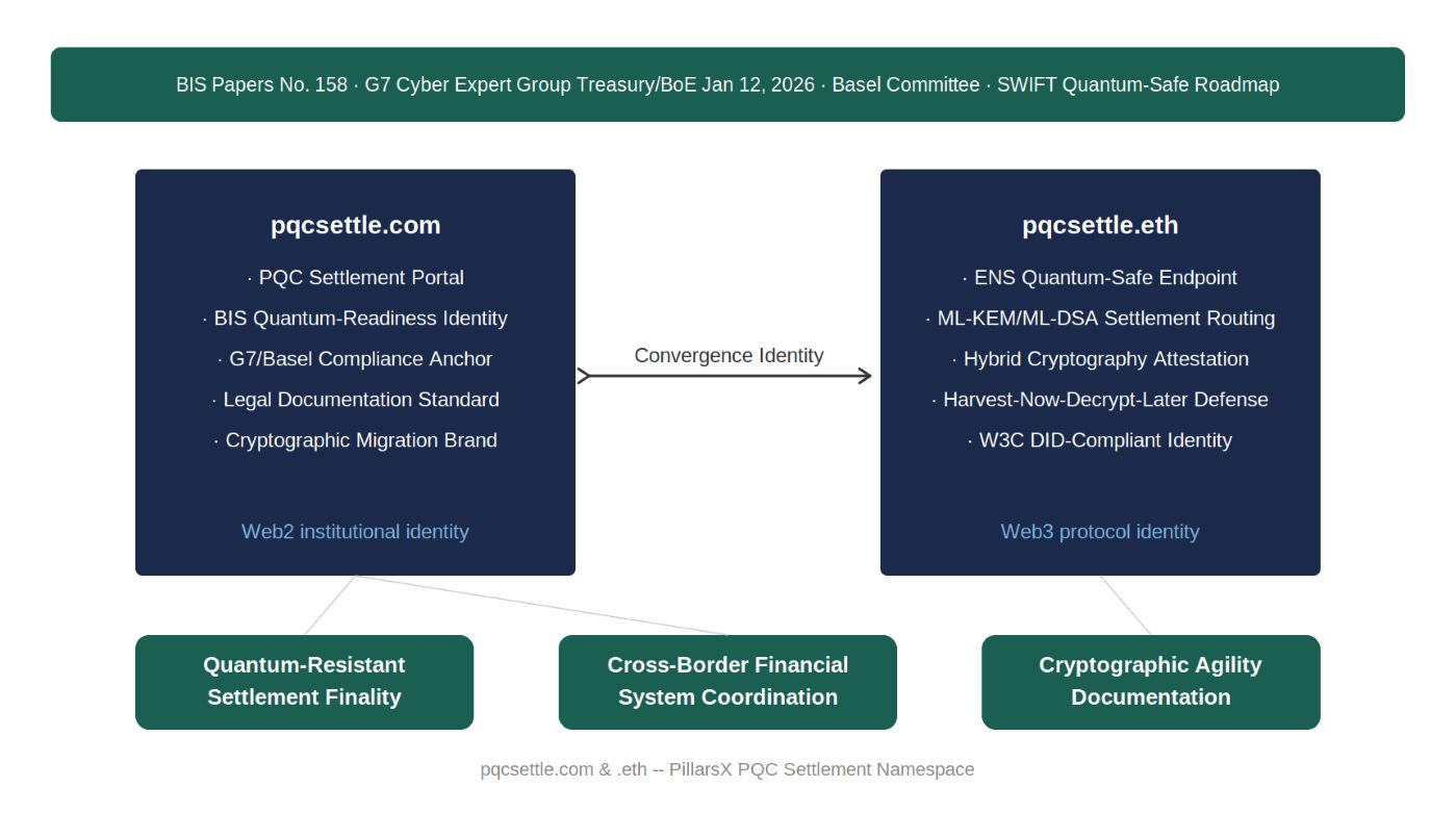 PQC settlement architecture — pqcsettle.com as Web2 BIS/G7/Basel Committee quantum-readiness documentation identity and pqcsettle.eth as Web3 ENS ML-KEM/ML-DSA settlement routing endpoint, connected as Convergence Identity for quantum-resistant settlement finality, cross-border financial system coordination, and cryptographic agility documentation.