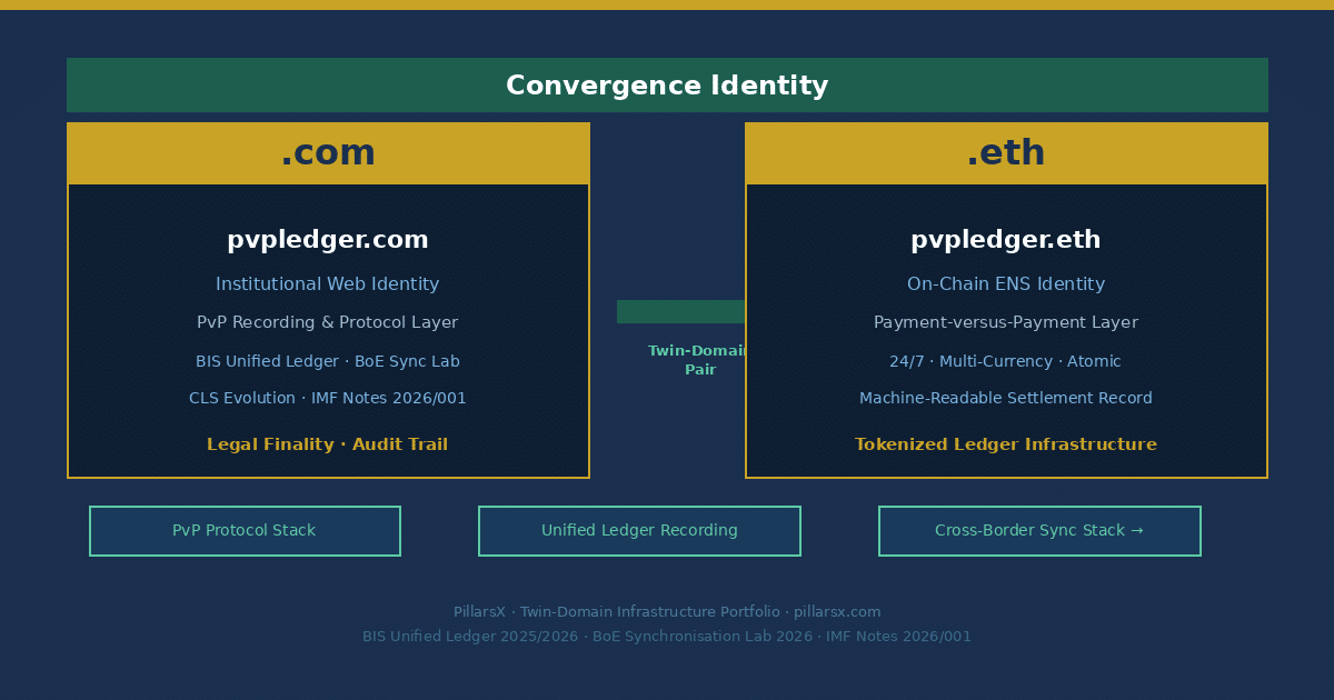 pvpledger.com and pvpledger.eth as Twin-Domain Convergence Identity — PvP Ledger recording and protocol namespace connecting BIS Unified Ledger blueprint, Bank of England Synchronisation Lab 2026, IMF Notes 2026/001 tokenized settlement finality standards