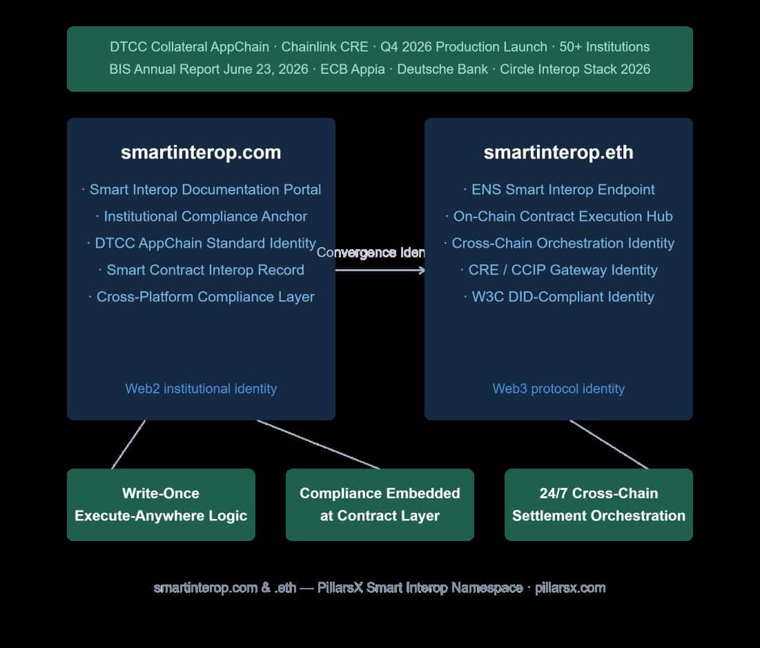 Smart interop architecture — smartinterop.com as Web2 institutional smart contract interoperability documentation identity and smartinterop.eth as Web3 ENS on-chain smart interop endpoint, connected as Convergence Identity for cross-chain smart contract execution, compliance-embedded interoperability across DLT platforms, and institutional tokenized asset orchestration standard.