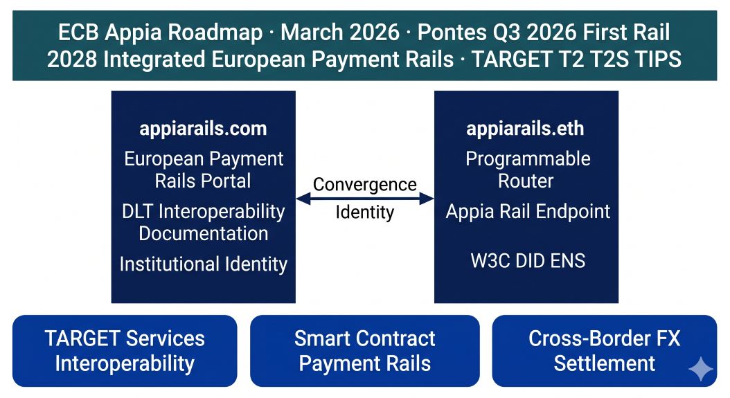 appiarails.com and appiarails.eth as Twin-Domain Convergence Identity — the institutional ECB Appia payment rails namespace connecting Eurosystem DLT interoperability infrastructure, TARGET Services T2 T2S TIPS integration, Pontes Q3 2026 first rail delivery, and 2028 integrated European tokenized finance payment rails blueprint.