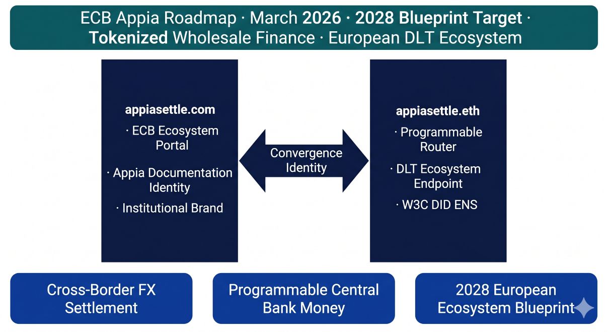appiasettle.com and appiasettle.eth as Twin-Domain Convergence Identity — the institutional ECB Appia settlement namespace connecting Eurosystem long-term tokenized wholesale finance ecosystem, cross-border FX settlement, programmable central bank money on DLT, and 2028 European financial infrastructure blueprint delivery.