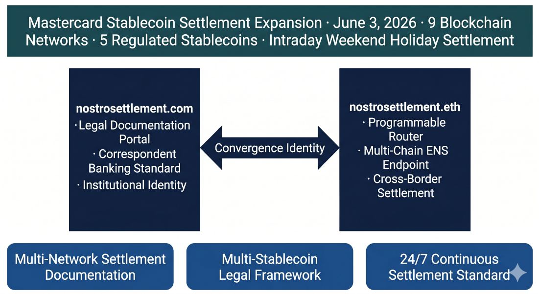 nostrosettlement.com and nostrosettlement.eth as Twin-Domain Convergence Identity — the institutional nostro settlement legal documentation namespace connecting Mastercard stablecoin settlement expansion across 9 blockchains and 5 regulated stablecoins June 3 2026, BIS Project Agorá cross-border settlement infrastructure, and GENIUS Act Permitted Payment Stablecoin Issuer compliance documentation standards.