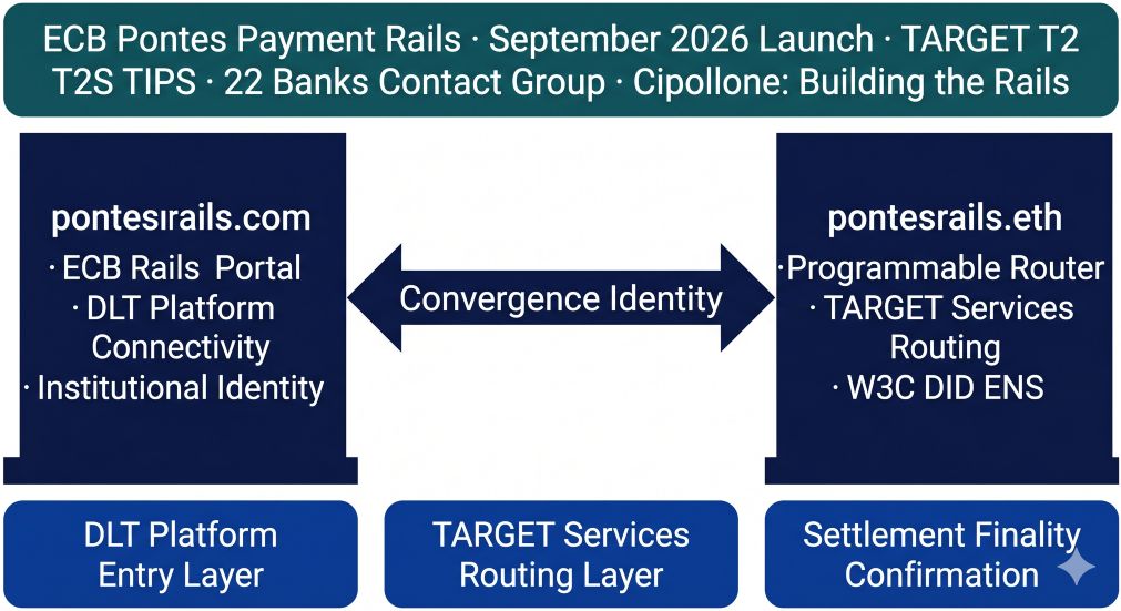 pontesrails.com and pontesrails.eth as Twin-Domain Convergence Identity — the institutional ECB Pontes payment rails namespace connecting DLT platform infrastructure to TARGET Services T2 T2S TIPS for wholesale CBDC settlement, September 2026 go-live, 22-bank Pontes Contact Group validation, and European tokenized financial markets rail architecture confirmed by ECB Executive Board Member Cipollone March 2026.