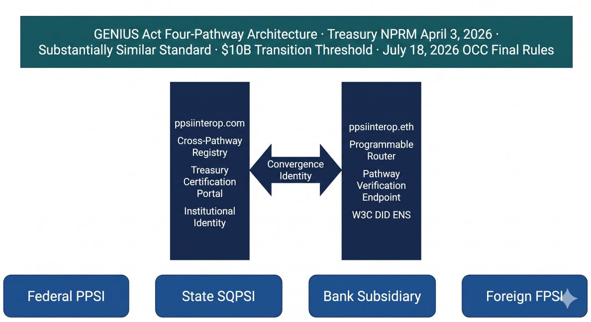 ppsiinterop.com and ppsiinterop.eth as Twin-Domain Convergence Identity — the institutional PPSI interoperability namespace connecting GENIUS Act four-pathway licensing architecture, Treasury NPRM substantially similar state regime standard April 3 2026, $10 billion transition threshold to federal regulation, and cross-pathway payment stablecoin settlement verification for OCC FDIC and state regulator compliance.