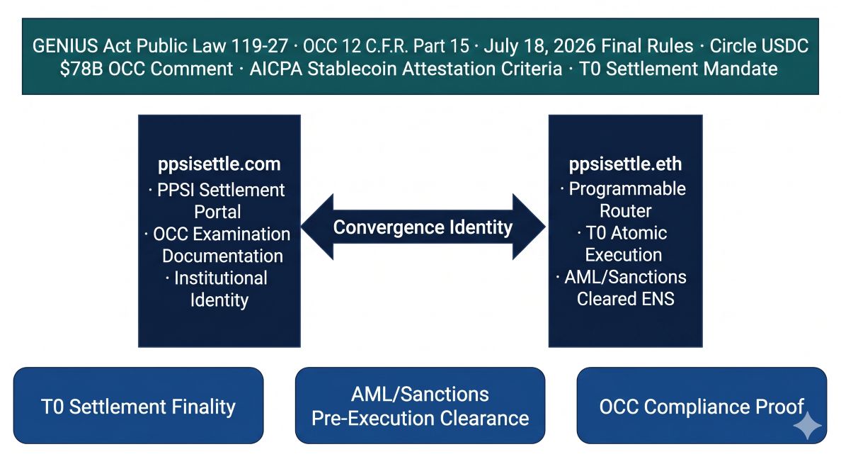 ppsisettle.com and ppsisettle.eth as Twin-Domain Convergence Identity — the institutional PPSI atomic settlement execution namespace connecting GENIUS Act T0 settlement finality mandate, OCC 12 C.F.R. Part 15 reserve and settlement standards, Circle USDC $78 billion OCC comment letter May 2026, AICPA stablecoin attestation criteria, and FinCEN OFAC joint AML sanctions pre-execution clearance requirements for Permitted Payment Stablecoin Issuers.