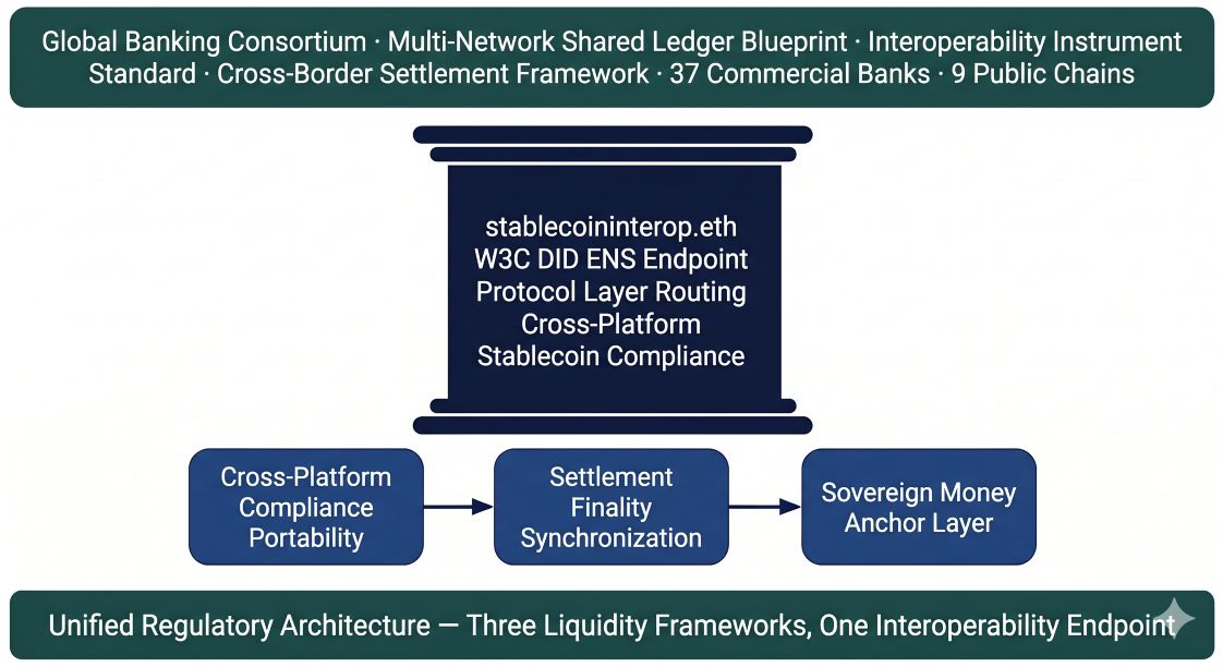 stablecoininterop.eth as Protocol Layer Stablecoin Interoperability Identity — the W3C DID-compliant ENS endpoint connecting GENIUS Act unified stablecoin instrument standard, MiCA Travel Rule cross-platform interoperability requirements, ECB Lagarde Appia 2028 fully interoperable European tokenized financial ecosystem, Qivalis 37-bank MiCA euro stablecoin consortium, and Mastercard 9-blockchain stablecoin settlement expansion June 2026.